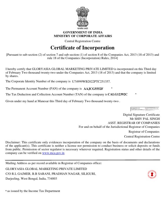 Certificate of Incorporation โ Wellness Marketing Marketing Private Limited