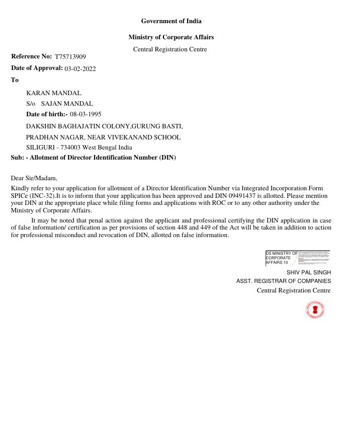 Allotment of Director Identification Number (DIN)